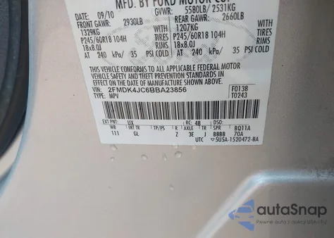 2011 Ford Edge Sel z USA, uszkodzony, nr VIN 2FMDK4JC6BBA23856